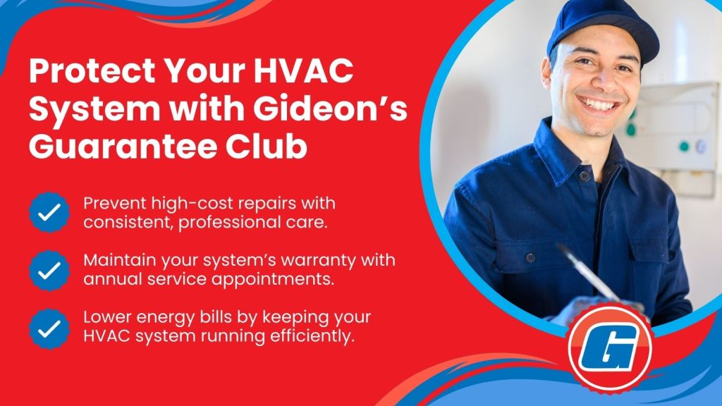 This is an image of a HVAC tech. The headline reads; Protect Your HVAC System with Gideon's Guarantee Club.