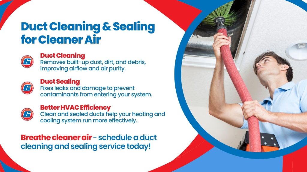 This is an image of an HVAC tech cleaning heating ducts. The headline reads; Duct cleaning & sealing for cleaner air.